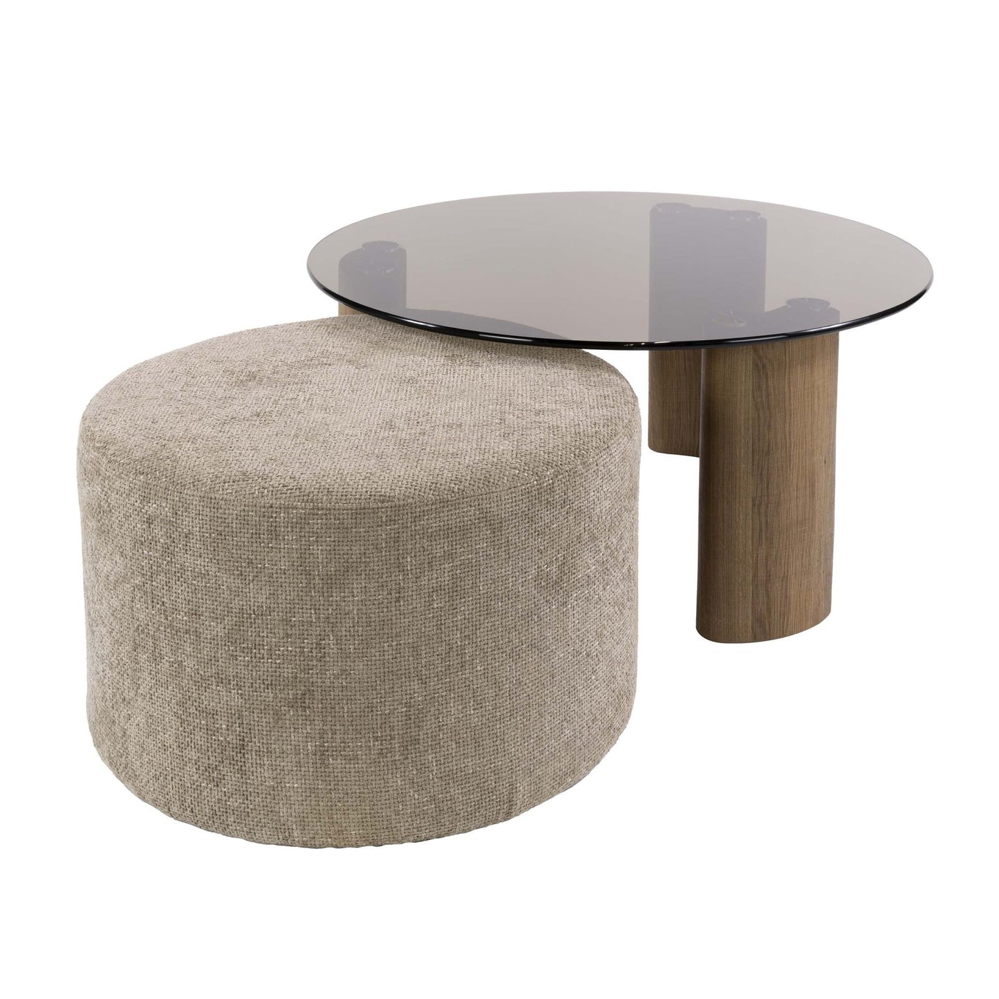 Couchtisch Set Tinto Pouf von lefurn.de, modernes Möbelstück mit zwei Tischen und Pouf in hellem Holzdesign.