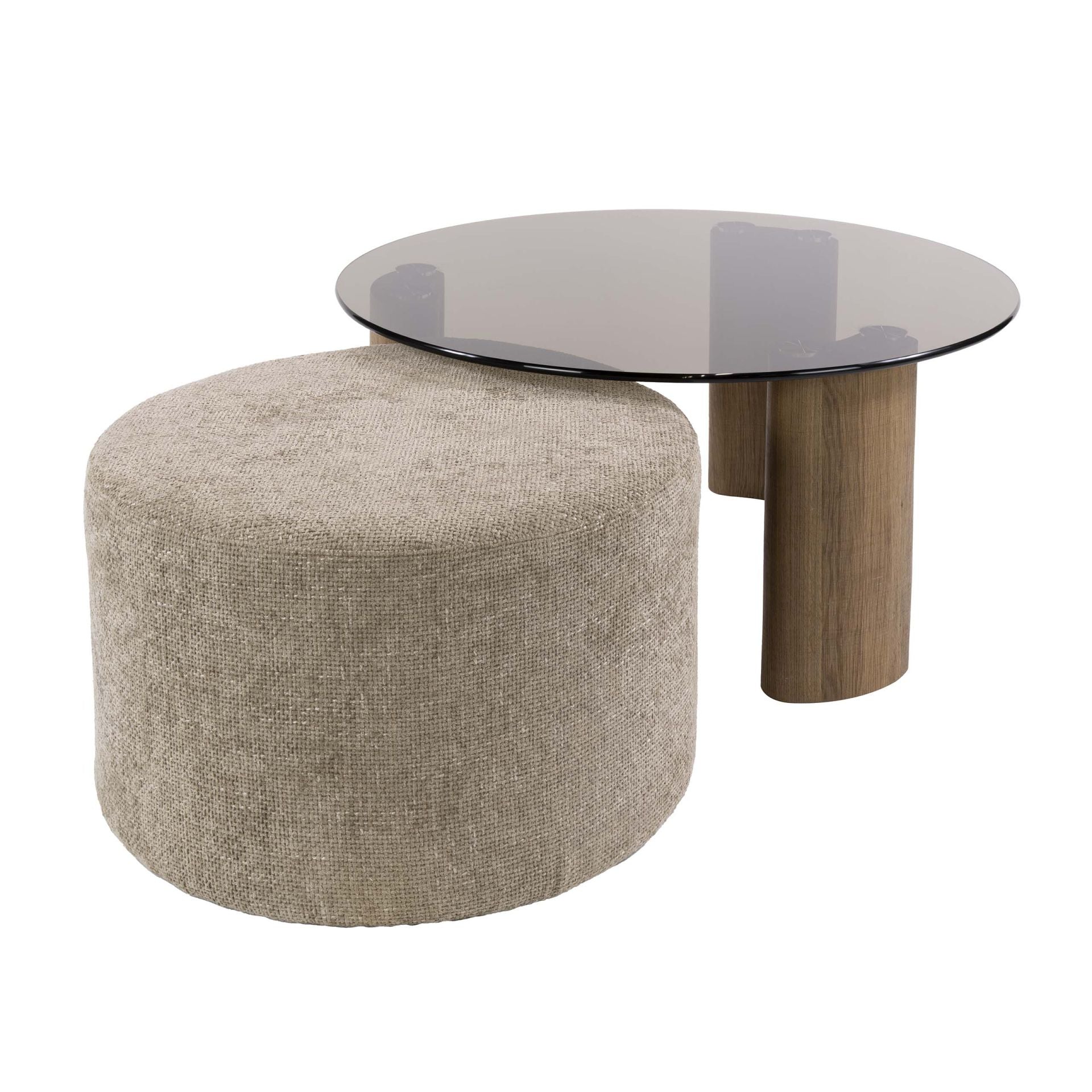 Couchtisch Set Tinto Pouf von lefurn.de, modernes Möbelstück mit zwei Tischen und Pouf in hellem Holzdesign.