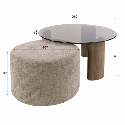 Moderner Couchtisch Tinto Pouf von lefurn.de mit Holzoptik, inklusive zusätzlichem Pouf für gemütliches Wohnzimmer.